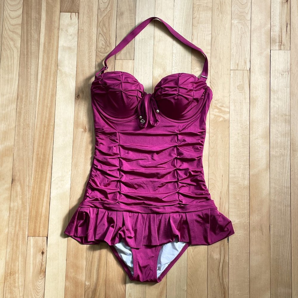 SHAN Retro Bandeau One-Piece Magenta Bathing Suit With Mini Skirt - Size US 8